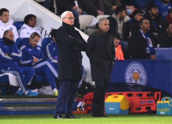 LEICESTER, ENGLAND - DECEMBER 14: (l-R) Claudio Rainieri the manager of Leicester City and Jose Mourinho the manager of Chelsea look on during the Barclays Premier League match between Leicester City and Chelsea at the King Power Stadium on December14, 2015 in Leicester, United Kingdom. (Photo by Michael Regan/Getty Images)