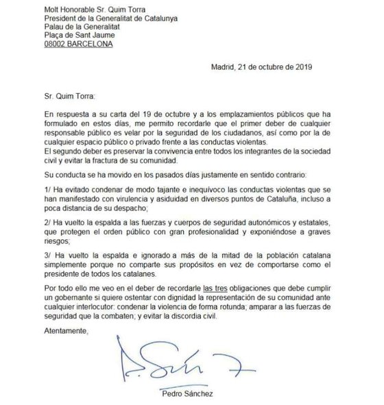 Carta do primeiro-ministro espanhol, Pedro SÃ¡nchez, ao presidente da Generalitat, Quim Torra (fonte El PaÃ­s)