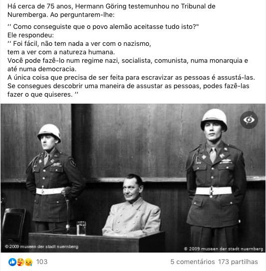 Post viral alega que lÃ­der nazi defendeu que basta assustar as pessoas para as escravizar.