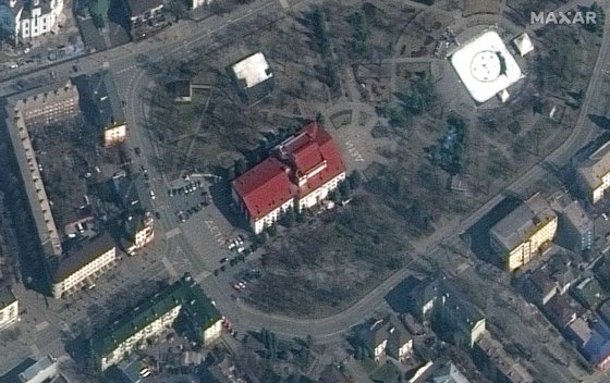 RUSSIANS INVADE UKRAINE -- MARCH 14, 2022: 01 Maxar satellite closer image of the Mariupol Drama Theater which was bombed on March 16th. Mariupol, Ukraine. 14march2022_wv2. Please use: Satellite image (c) 2022 Maxar Technologies.