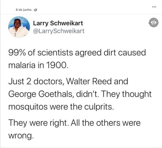 Fact check.  In 1900, 99% of scientists thought malaria was caused by dirt?