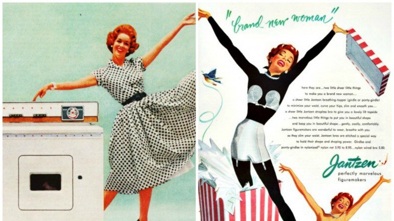 Publicidade à liberdade de movimentos de um cai-cai nos anos 50.
