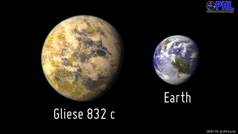 Representação artística do planeta Gliese 832c em comparação com a Terra