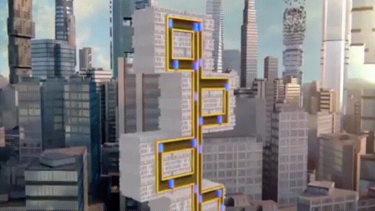 Animação conceptual de um edifício com este novo elevador. As cabines surgem a azul, deslocando-se sobre uma calha representada a amarelo