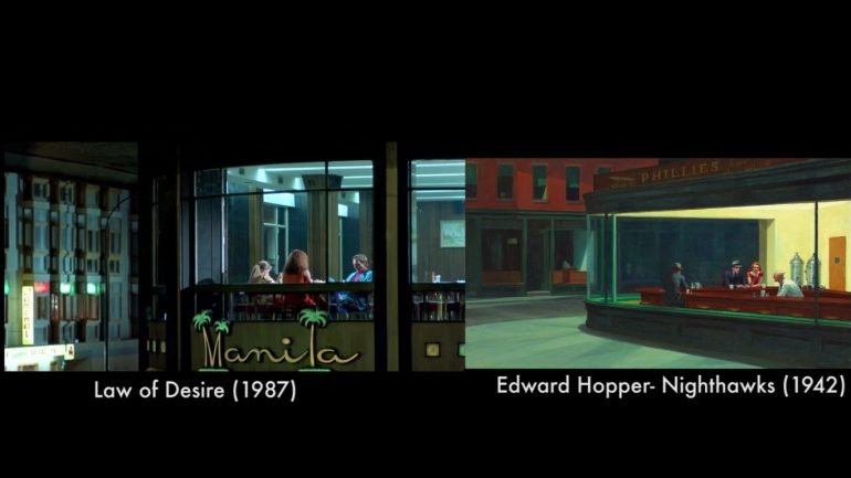 A comparação entre uma cena do filme &quot;A lei do desejo&quot; (1987) de Almodóvar e a pintura &quot;Nighthawks&quot; (1942), de Edward Hopper