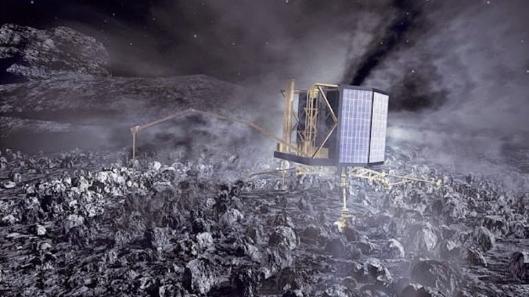 Imagem ilustrativa da sonda Philae a pousar no cometa 67P/Churyumov-Gerasimenko
