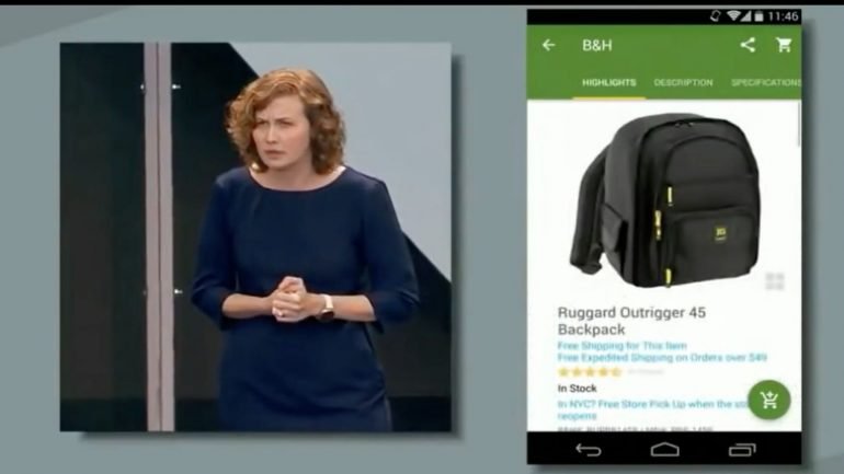Ellie Powers, durante a apresentação da Google, a exemplificar como vão funcionar as Instant Apps