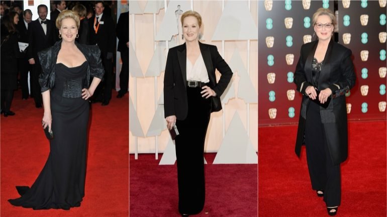 Meryl Streep foge dos coordenados justos, curtos e decotados.