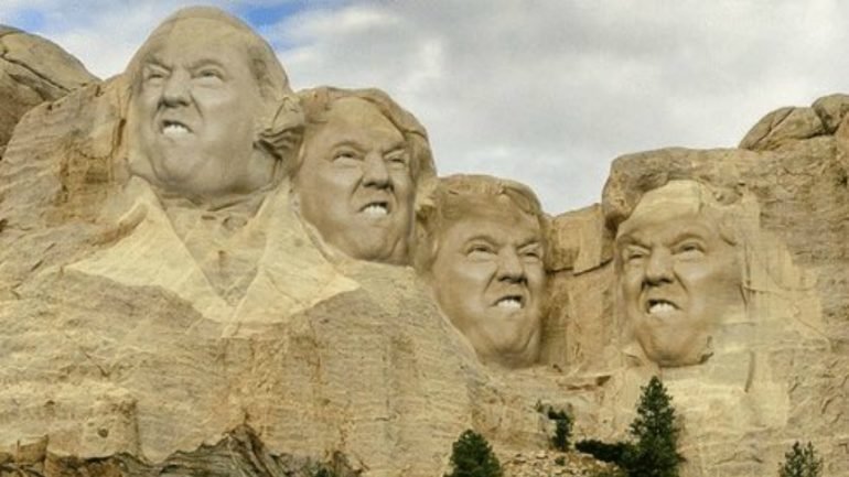 No Monte  Rushmore estão representados antigos presidentes dos Estados Unidos: George Washington, Thomas Jefferson, Theodore Roosevelt e Abraham Lincoln