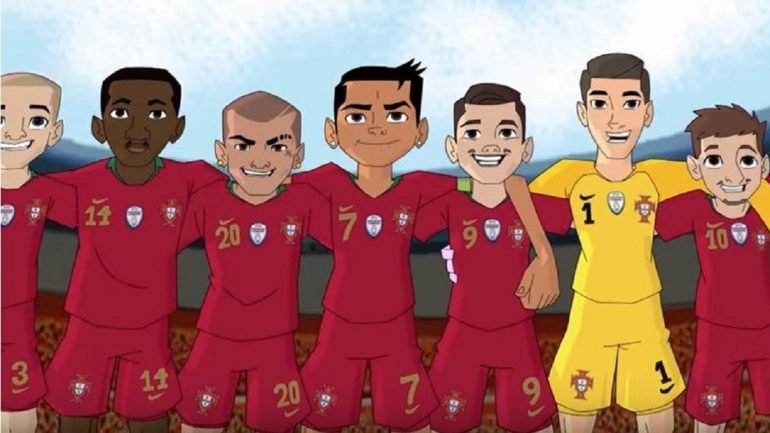 Pepe, William Carvalho, Quaresma, Ronaldo, André Silva, Rui Patrício e Bernardo Silva em versão desenho animado