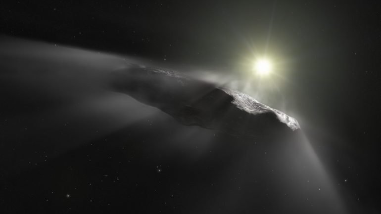 Imagem artística do asteroide, agora cometa, com forma de charuto que entrou no sistema solar