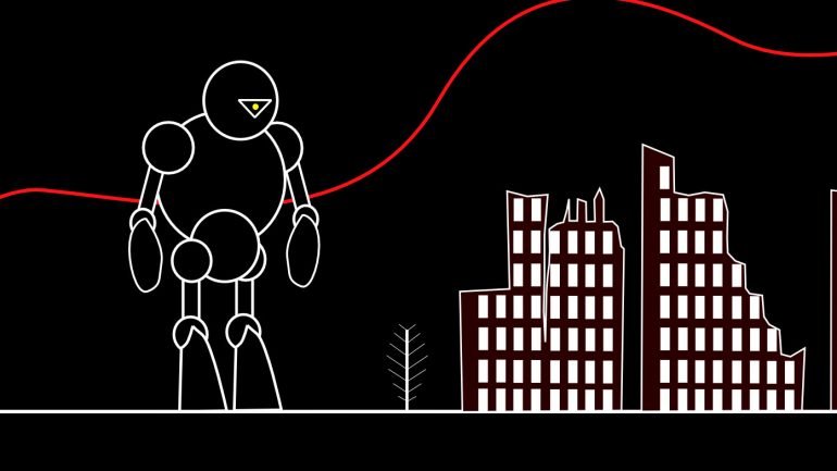 Catástrofes envolvendo robots são algumas das possibilidades que a Ficção Científica propõe e será também um dos painéis do Sci-Fi LX. Ilustração de Pedro Romão Silva.