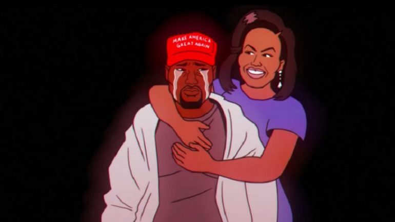 Kanye West a chorar com um chapéu com o &quot;slogan&quot; de Donald Trump, confortado por Michelle Obama: eis um dos grandes momentos do novo teledisco de Donald Glover