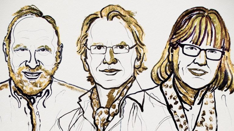Arthur Ashkin, Gerárd Mourou e Donna Strickland, numa ilustração de Niklas Elmehed