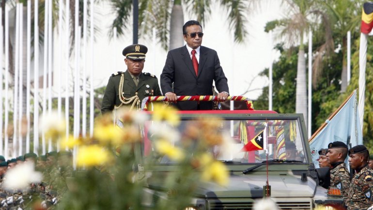 Francisco Guterres Lu-Olo falava no Palácio do Governo nas comemorações oficiais do 43.º aniversário da proclamação da independência de Timor-Leste e perante as principais individualidades do Estado