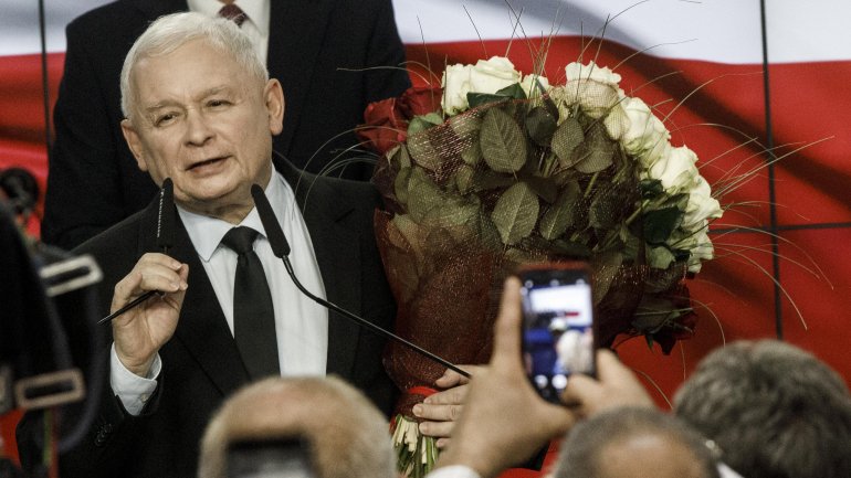 Jaroslaw Kaczynski, líder do PiS, no discurso de vitória na noite eleitoral