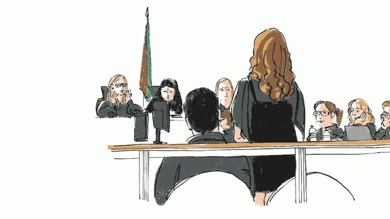 Ilustração real da sala de audiências mostra Rosa Grilo a ser ouvida no Tribunal de Loures (TERESA DIAS COSTA)