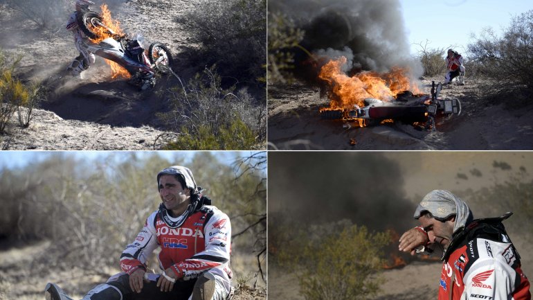 Paulo Gonçalves no Dakar de 2014, quando ficou com a moto em chamas numa etapa. No ano seguinte ficaria no segundo lugar da geral