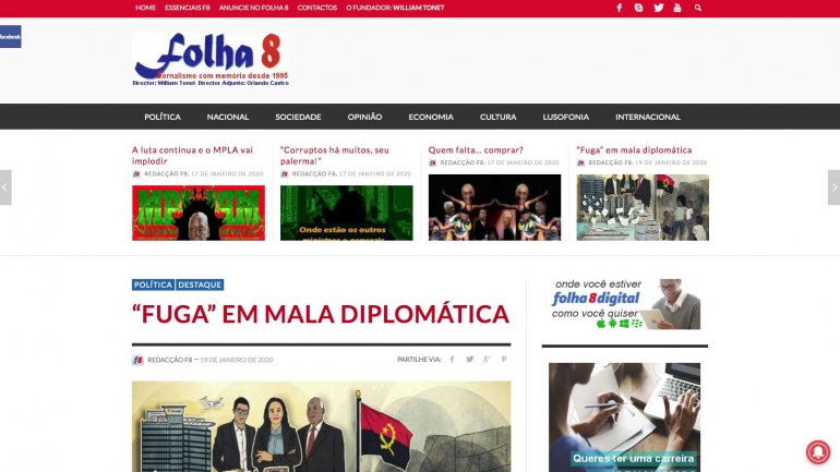 A primeira página da Folha 8, um dos sites que noticiaram o caso Luanda Leaks