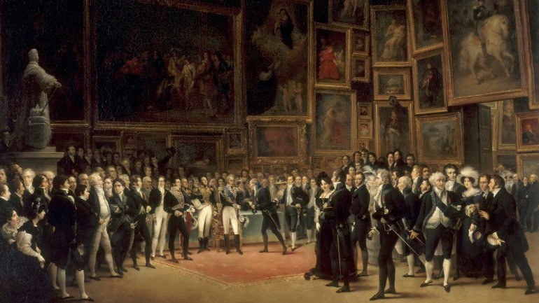 Carlos X entrega as de ouro destinadas aos participantes que mais se destacaram no Salon do Louvre de 1824, onde &quot;A Morte de Camões&quot; de Domingos Sequeira esteve exposta antes de desaparecer